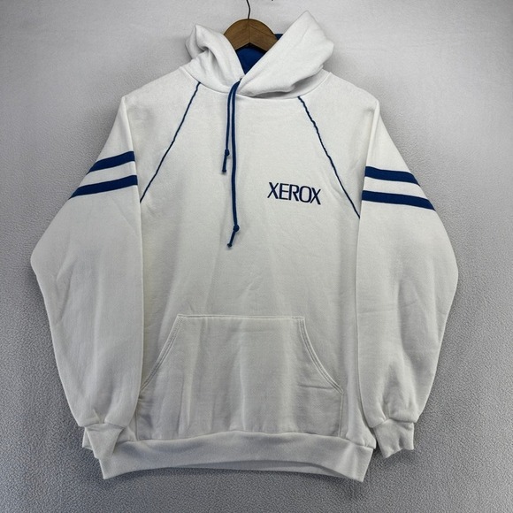 Vintage Xerox Hoodie Mens Large White Blue Raglan Sweatshirt Made In USA 70s 80s